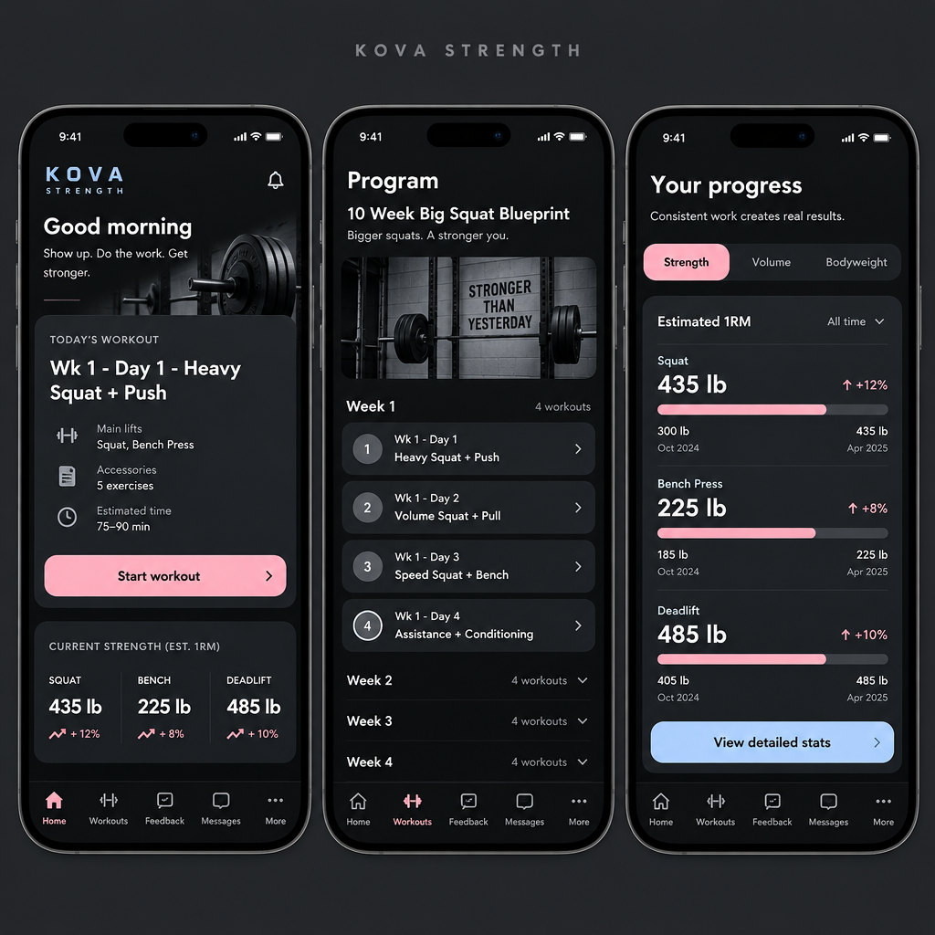 Real Kova Strength client app screens showing today's workout, an in-app program, and progress tracking